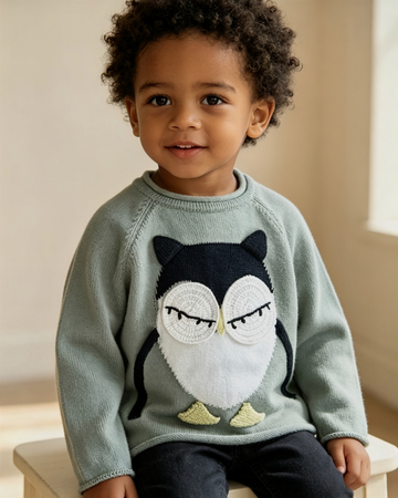 Toddler Cute 3D Owl Knit Sweater - Sage Green