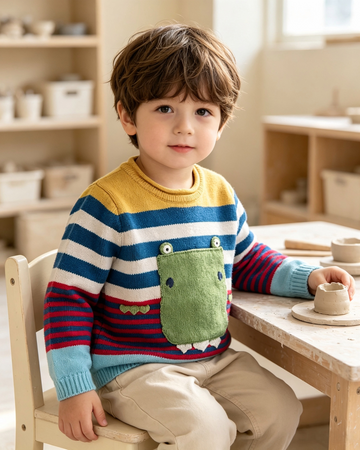 Toddler Cute 3D Crocodile Pocket Knit Sweater - Striped