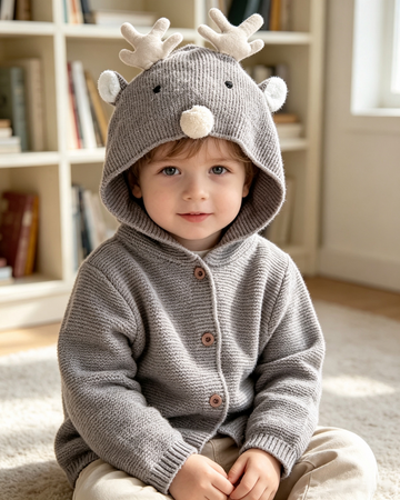 Toddler Cute 3D Reindeer Hooded Knit Cardigan - Gray